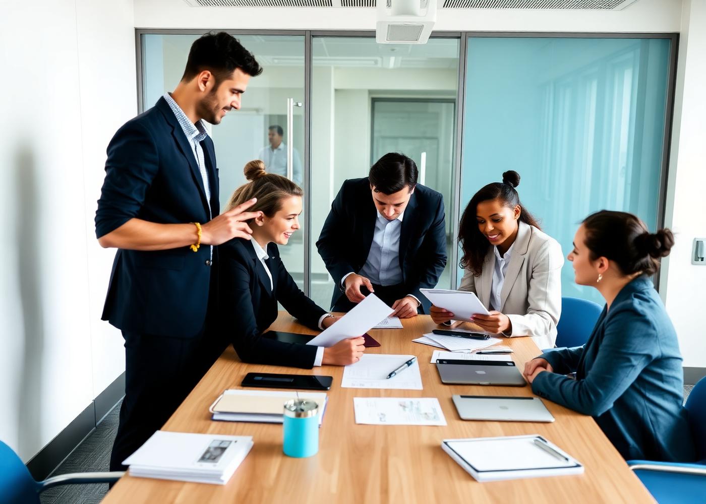 Corporate procurement meeting with professionals reviewing office supply documents